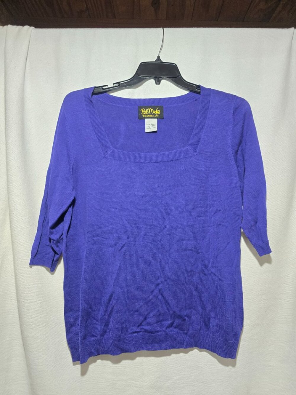 Bob Mackie Wearable Art Purple Knit Sweater Square Neck 3/4 Sleeve Size L Silk